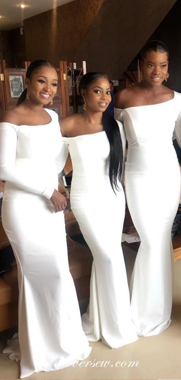 Elegant White Long Sleeves Sheath Charming Bridesmaid Dresses, CB0180 clover sew Elegant White Long Sleeves Sheath Charming Bridesmaid Dresses, CB0180 clover sew