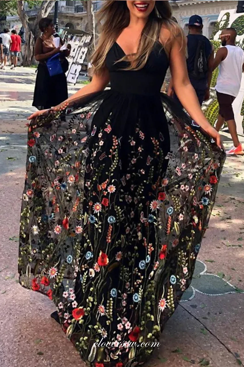 Embroidery Tulle Floral Black Spaghetti Strap Charming Prom Dresses, CP0736