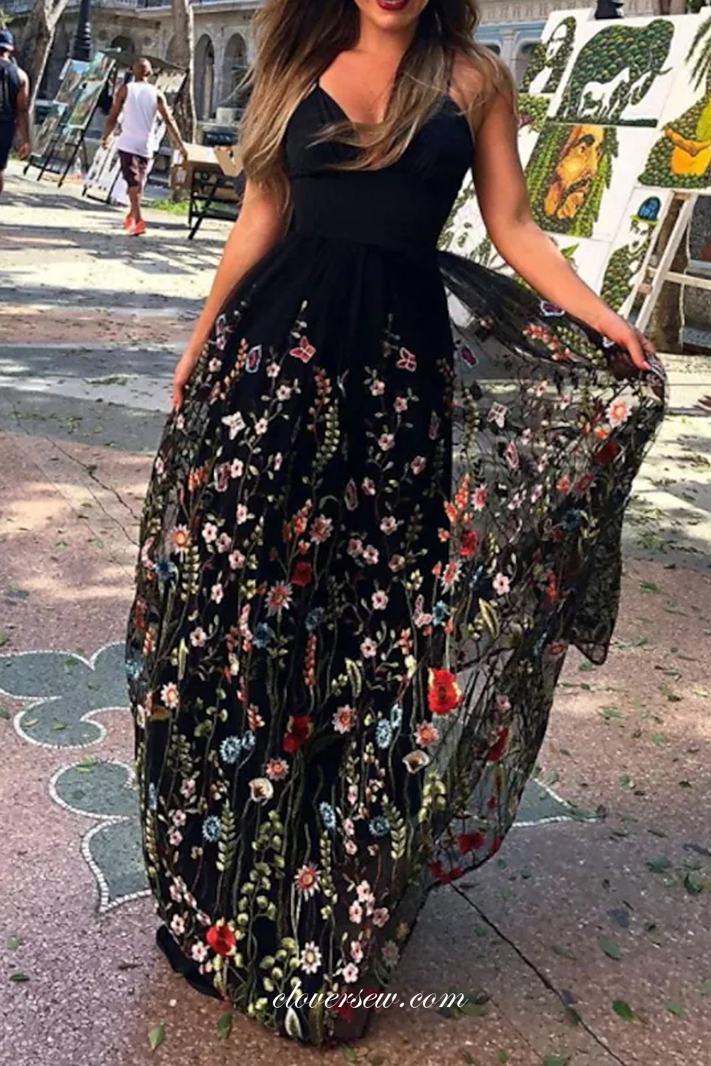 Embroidery Tulle Floral Black Spaghetti Strap Charming Prom Dresses, CP0736 Custom Size(leaving A note) / As Pic Embroidery Tulle Floral Black Spaghetti Strap Charming Prom Dresses, CP0736 Custom Size(leaving A note) / As Pic