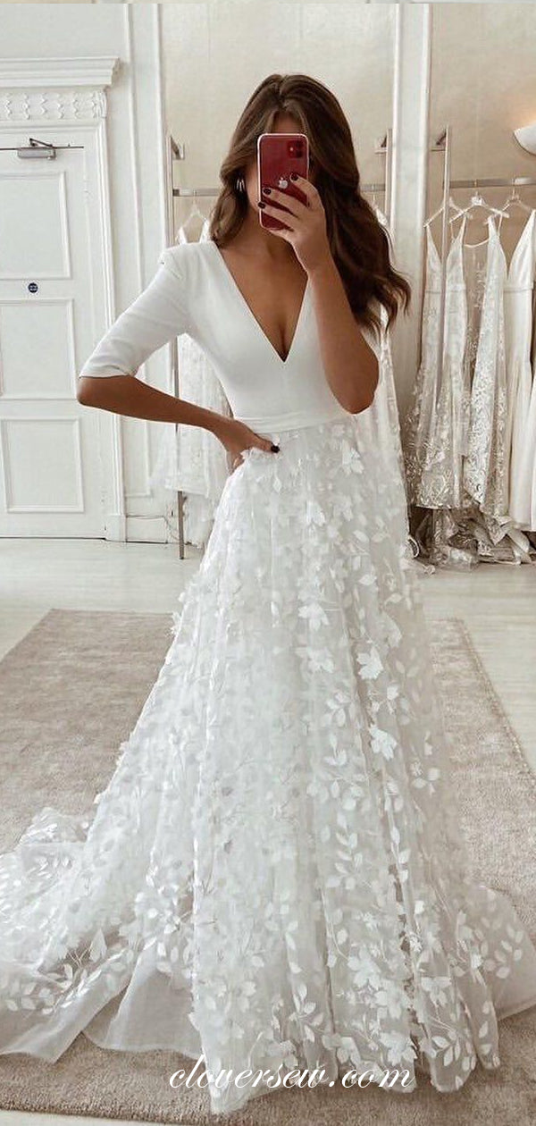 Fashin 3D Lace Half Sleeves A-line Wedding Dresses, CW0183