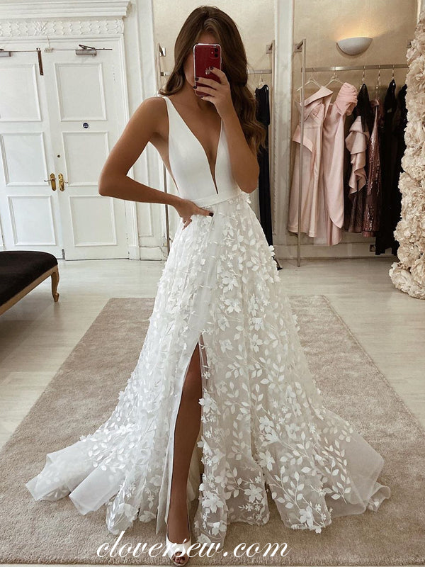 Fashin 3D Lace Sleeveless A-line Side Slit Wedding Dresses, CW0182