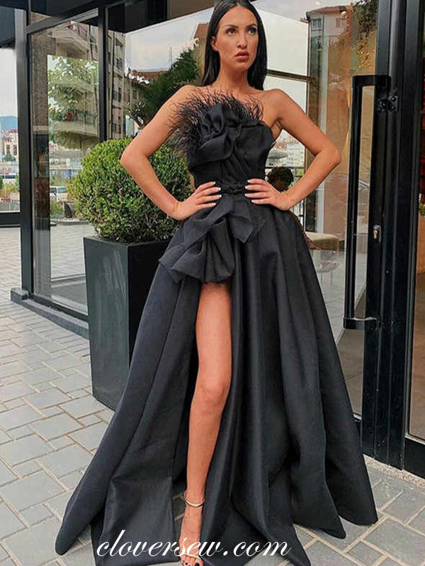 Fashion Feather Ruffles Strapless A-line Black Prom Dresses, CP0646