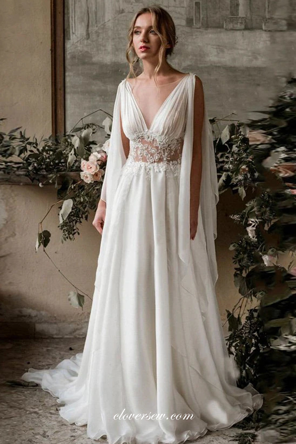 Fashion Goddess Style Chiffon Lace V-neck A-Line Wedding Dresses, CW0247