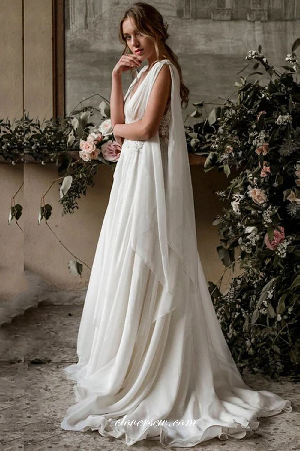 Fashion Goddess Style Chiffon Lace V-neck A-Line Wedding Dresses, CW0247