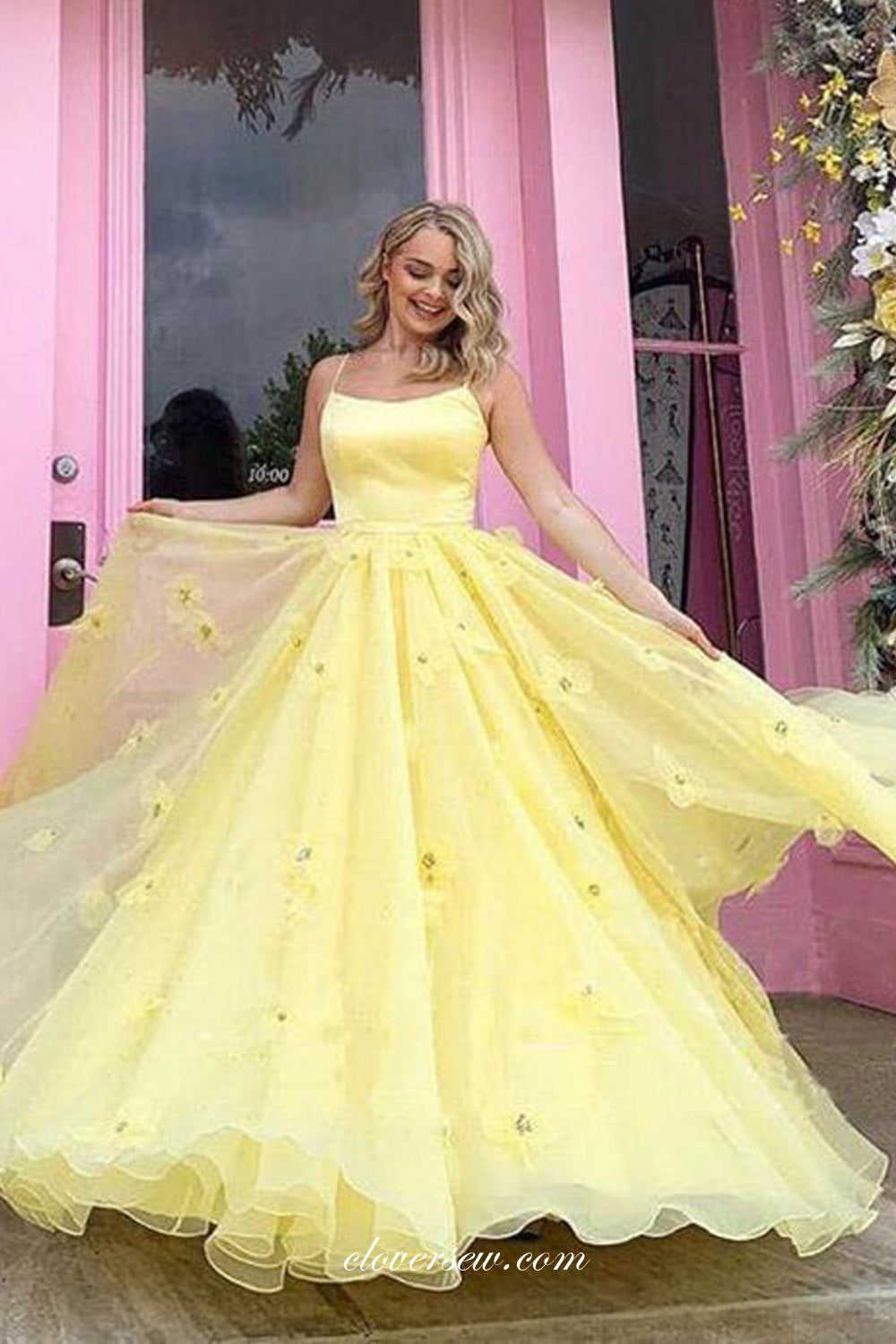 Fashion Handmade Flowers Lace Up Back A-line Prom Dresses For Teens, CP0840