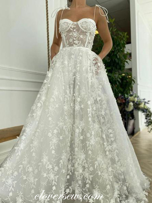 Fashion Lace Illusion Spaghetti Strap French Wedding Dresses, CW0284