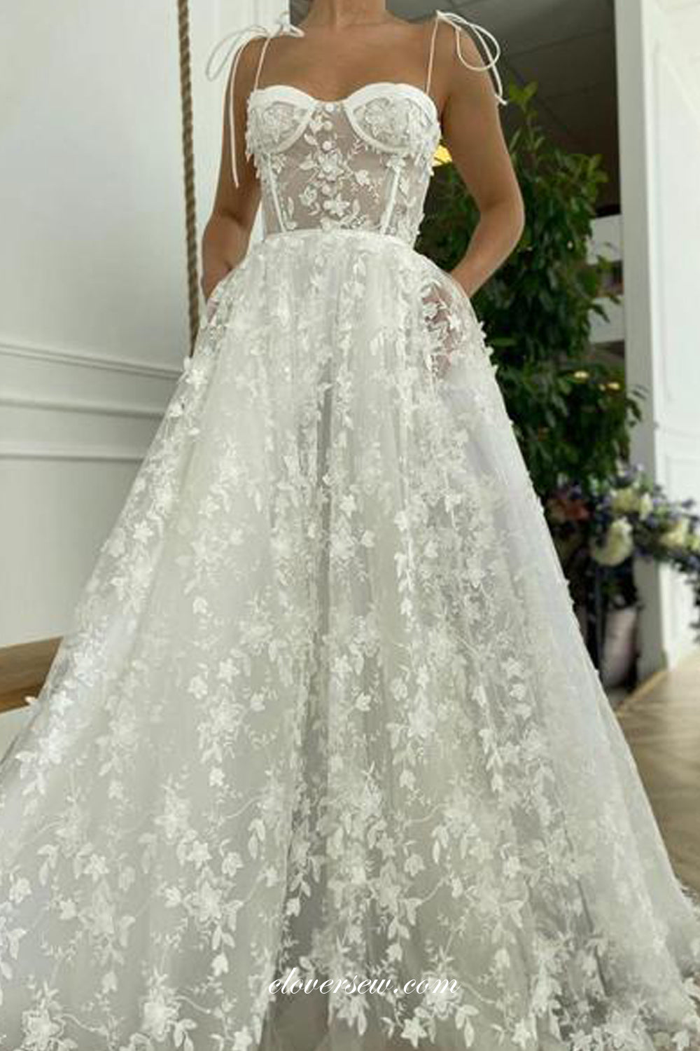 Fashion Lace Illusion Spaghetti Strap French Wedding Dresses, CW0284