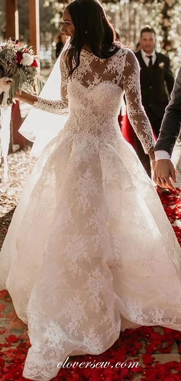 Fashion Lace Long Sleeves Vintage Neckline Wedding Dresses, CW0202