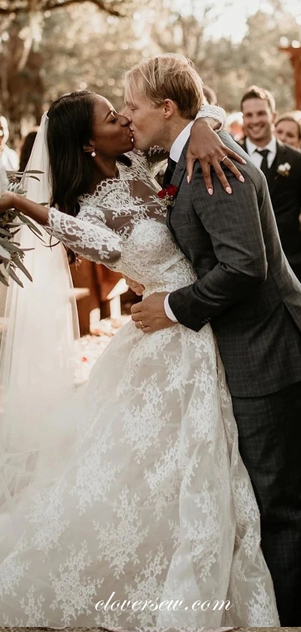 Fashion Lace Long Sleeves Vintage Neckline Wedding Dresses, CW0202