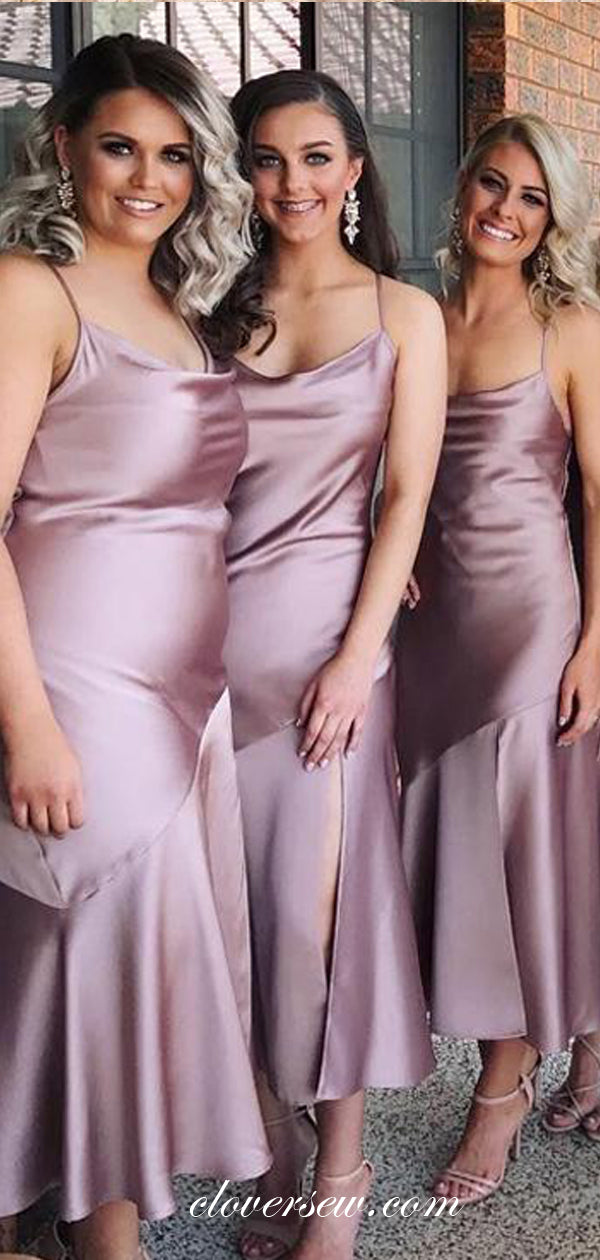 Fashion Lilac Elastic Satin Sheath Tea Length Bridesmaid Dresses, CB0201