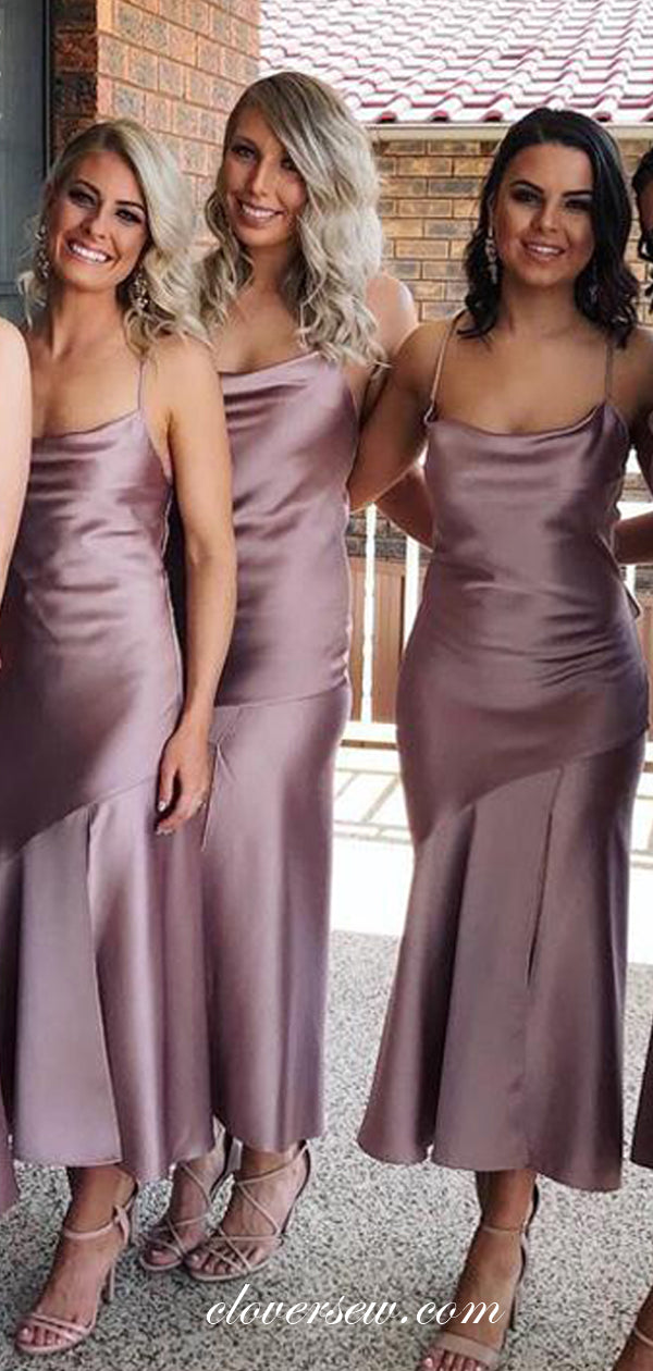 Fashion Lilac Elastic Satin Sheath Tea Length Bridesmaid Dresses, CB0201