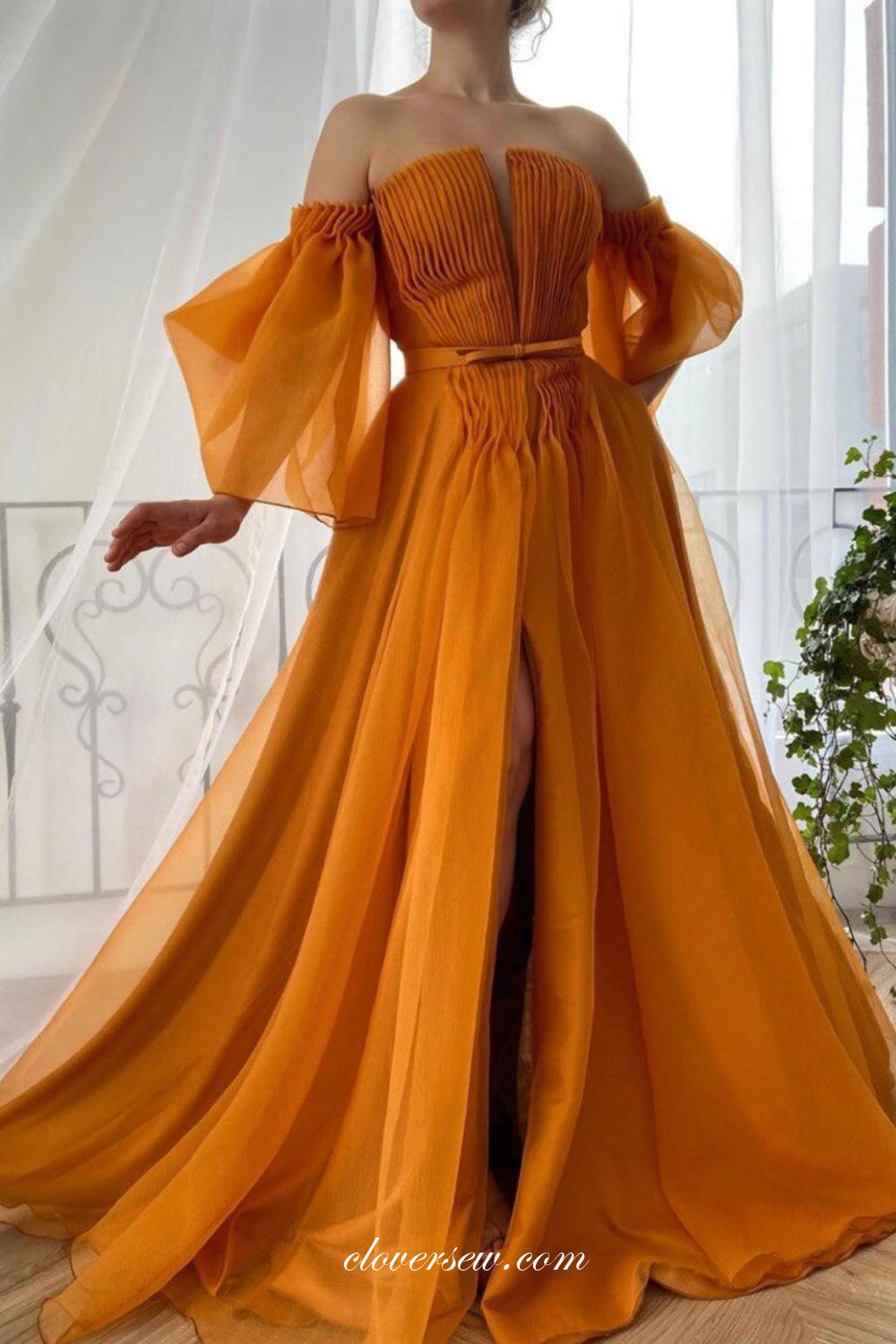 Fashion Pleating Tulle High Slit A-line Off The Shoulder Prom Dresses, CP0792 Fashion Pleating Tulle High Slit A-line Off The Shoulder Prom Dresses, CP0792
