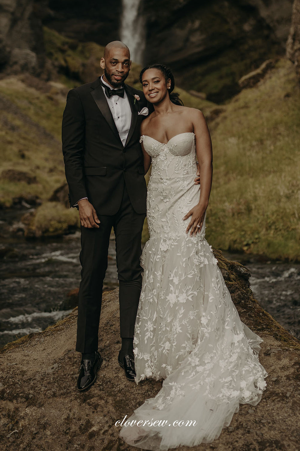 lace applique mermaid strapless wedding dress Ivory Mermaid Strapless Wedding Dress With Appliques, PW429