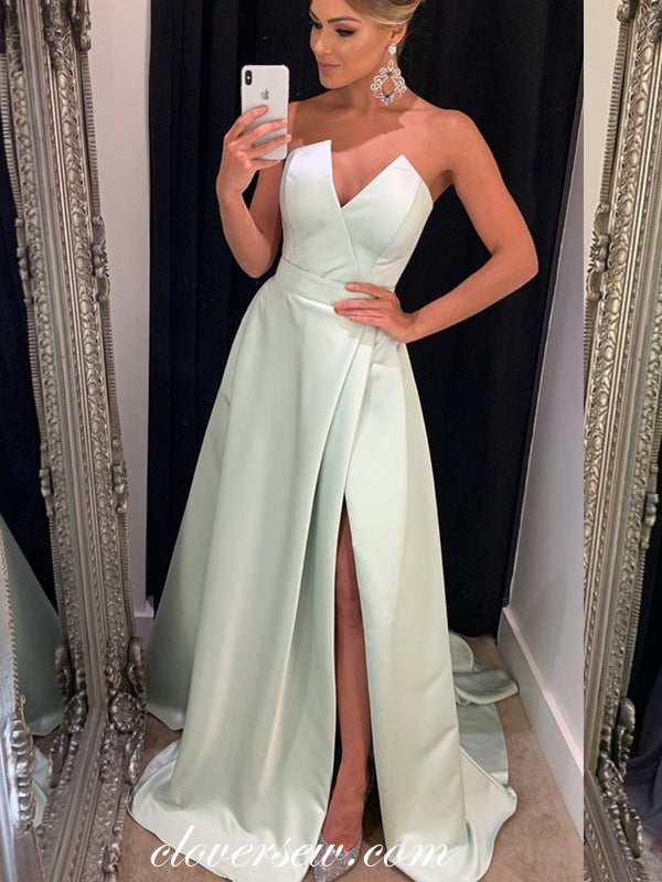 Fashion Strapless Satin Side Slit A-line Elegant Prom Dresses, CP0677