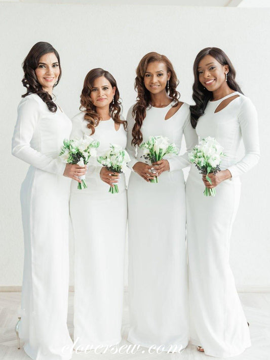 Fashion White Jersey Long Sleeves Sheath Column Long Bridesmaid Dresses, CB0146