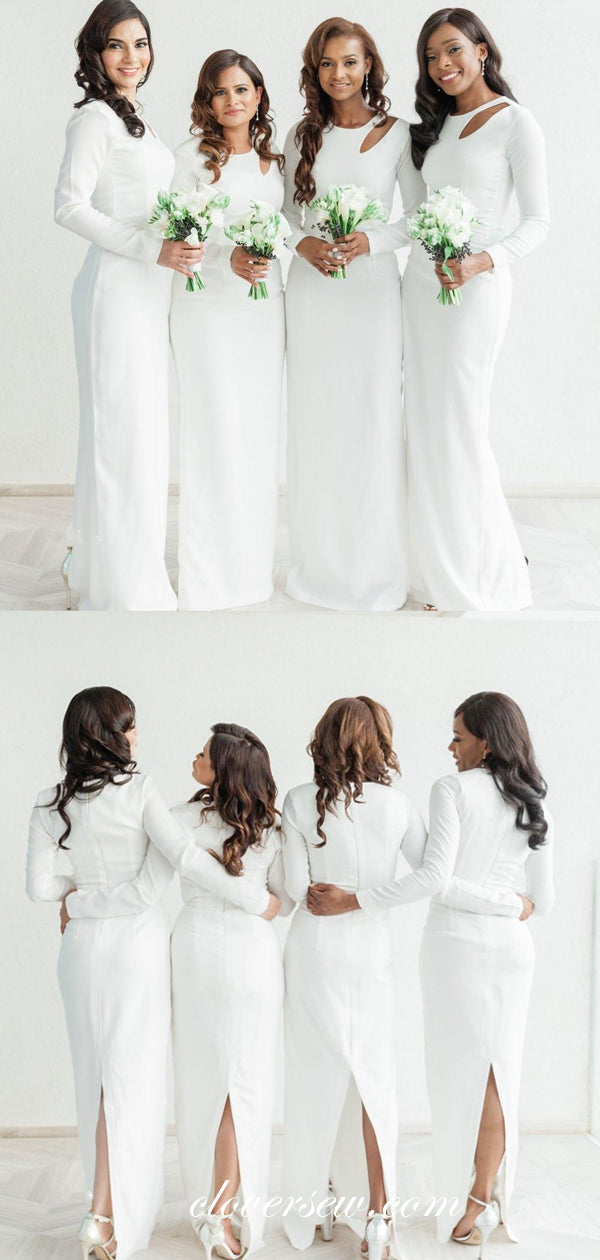 Fashion White Jersey Long Sleeves Sheath Column Long Bridesmaid Dresses, CB0146