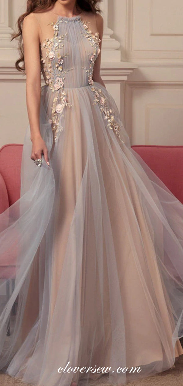 Fashion Applique Dusty Blue Blush Pink A-line Prom Dresses,CP0416 Fashion Applique Dusty Blue Blush Pink A-line Prom Dresses,CP0416
