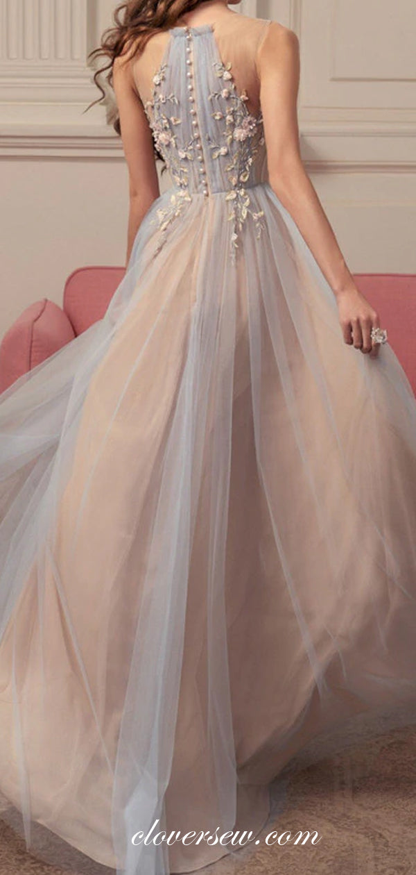 Fashion Applique Dusty Blue Blush Pink A-line Prom Dresses,CP0416 clover sew Fashion Applique Dusty Blue Blush Pink A-line Prom Dresses,CP0416 clover sew