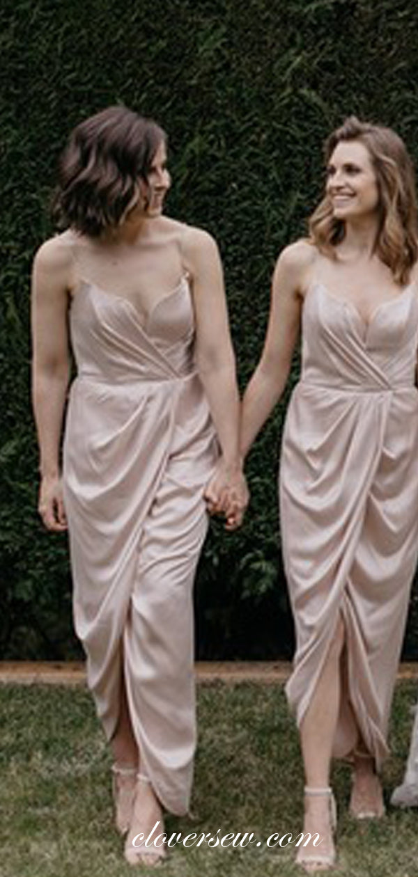 Fashion Elastic Satin Spaghetti Strap Sheath Pleating Bridesmaid Dresses, CB0023