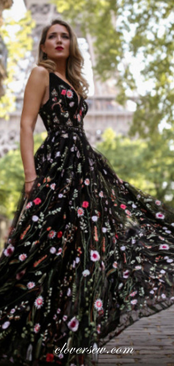 Fashion Embroidery Black Tulle Sleeveless A-line Prom Dresses , CP0118