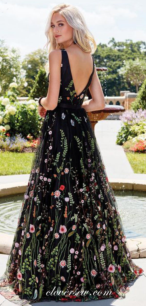 Fashion Embroidery Black Tulle Sleeveless A-line Prom Dresses , CP0118 clover sew Fashion Embroidery Black Tulle Sleeveless A-line Prom Dresses , CP0118 clover sew