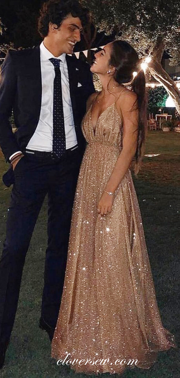 Fashion Gold Sequin Tulle Spaghetti Strap Backless Prom Dresses,CP0133 clover sew Fashion Gold Sequin Tulle Spaghetti Strap Backless Prom Dresses,CP0133 clover sew
