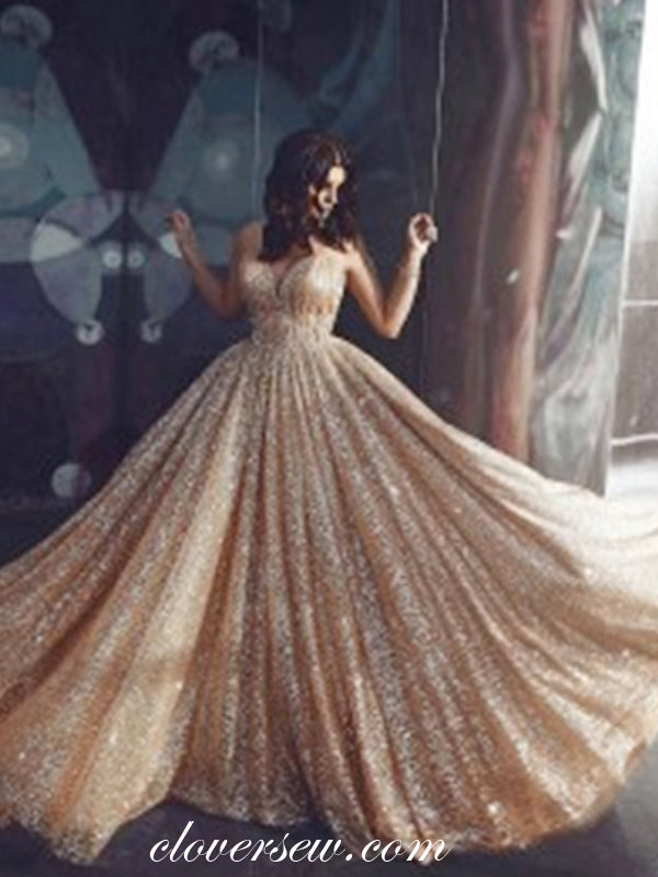 Fashion Gold Sequin Tulle Spaghetti Strap Backless Prom Dresses,CP0133
