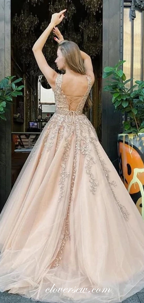 Fashion Lace Applique Lace Up Back A-line Prom Dresses ,CP0432