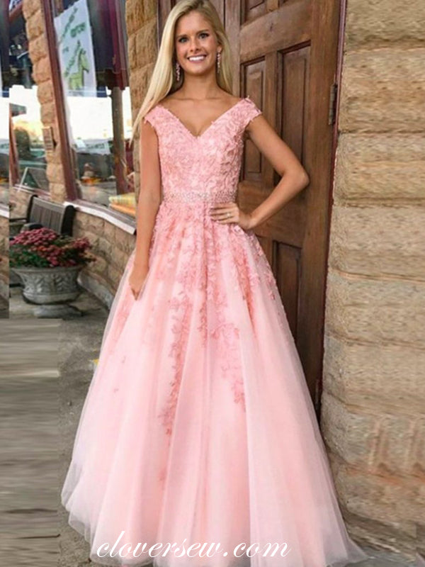 Fashion Lace Applique Pink Tulle Off The Shoulder Prom Dresses, CP0079
