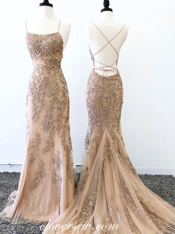 Fashion Lace Applique Spaghetti Strap Lace Up Back Prom Dresses,CP0304