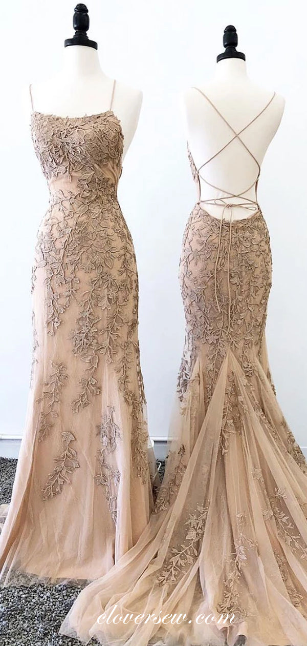 Fashion Lace Applique Spaghetti Strap Lace Up Back Prom Dresses,CP0304