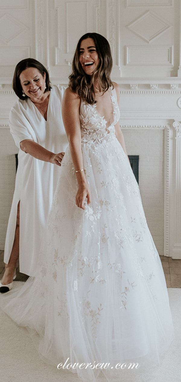 Fashion Lace Applique Tulle V-neck A-line Wedding Dresses, CW0050