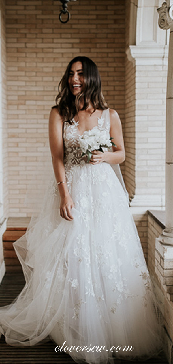 Fashion Lace Applique Tulle V-neck A-line Wedding Dresses, CW0050