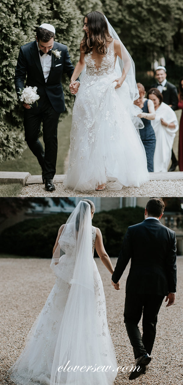Fashion Lace Applique Tulle V-neck A-line Wedding Dresses, CW0050
