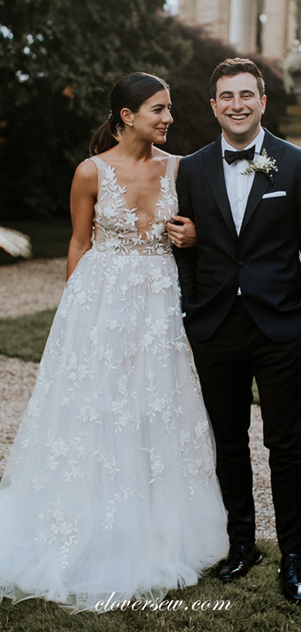 Fashion Lace Applique Tulle V-neck A-line Wedding Dresses, CW0050