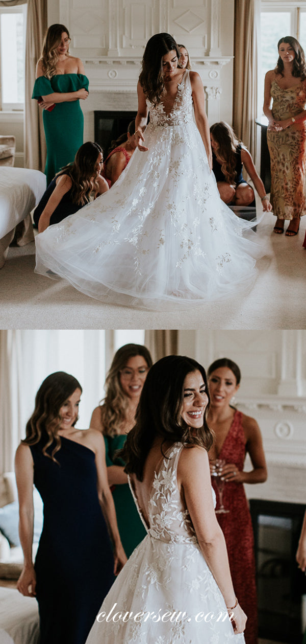 Fashion Lace Applique Tulle V-neck A-line Wedding Dresses, CW0050
