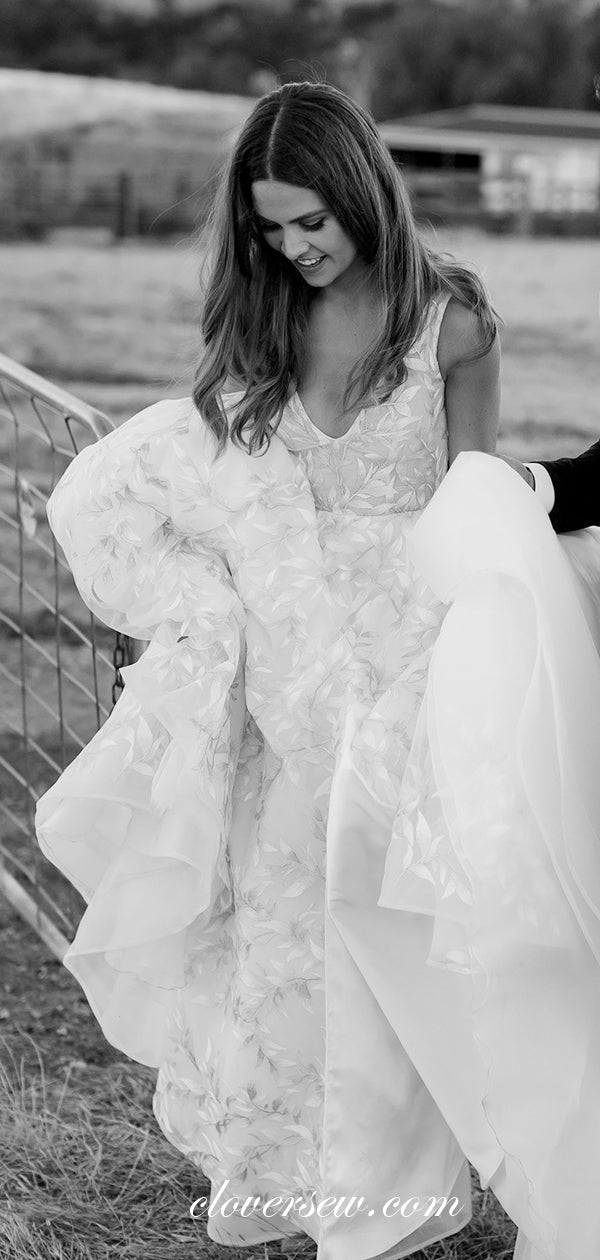 Fashion Leaves Lace Convertible Two Piece Detachable Wedding Dresses, clover sew Fashion Leaves Lace Convertible Two Piece Detachable Wedding Dresses, clover sew