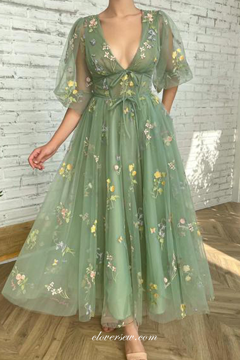 Floral Embroidery Tulle Half Sleeves V-neck Green Ankle Length Party Dresses, CP0733