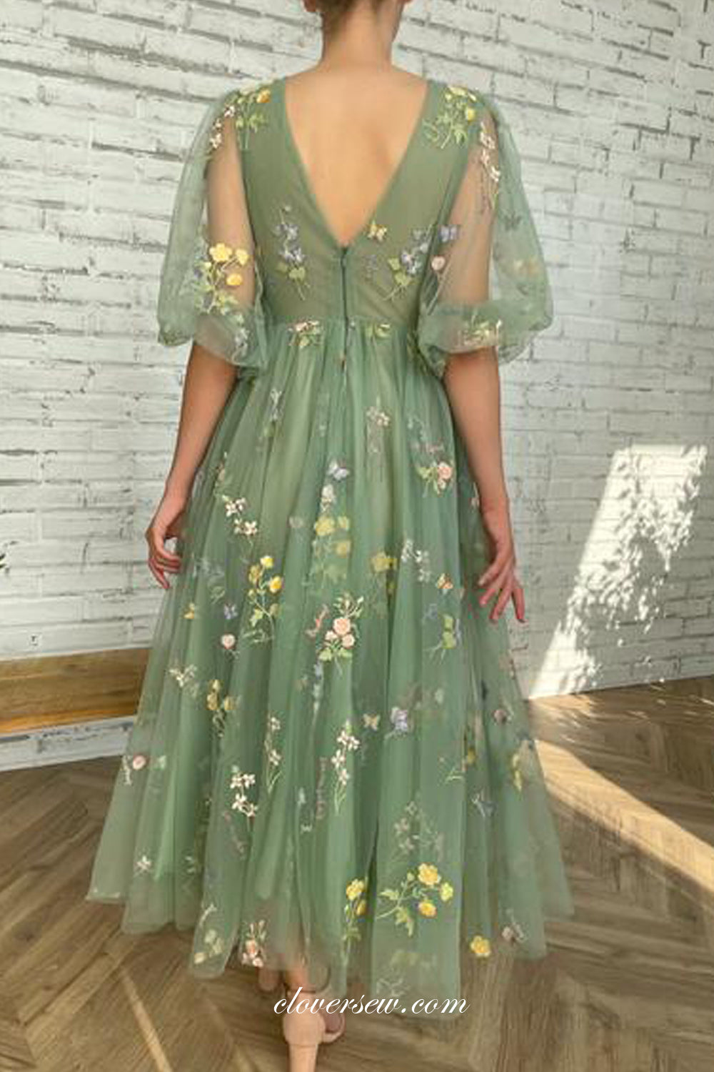 Floral Embroidery Tulle Half Sleeves V-neck Green Ankle Length Party Dresses, CP0733