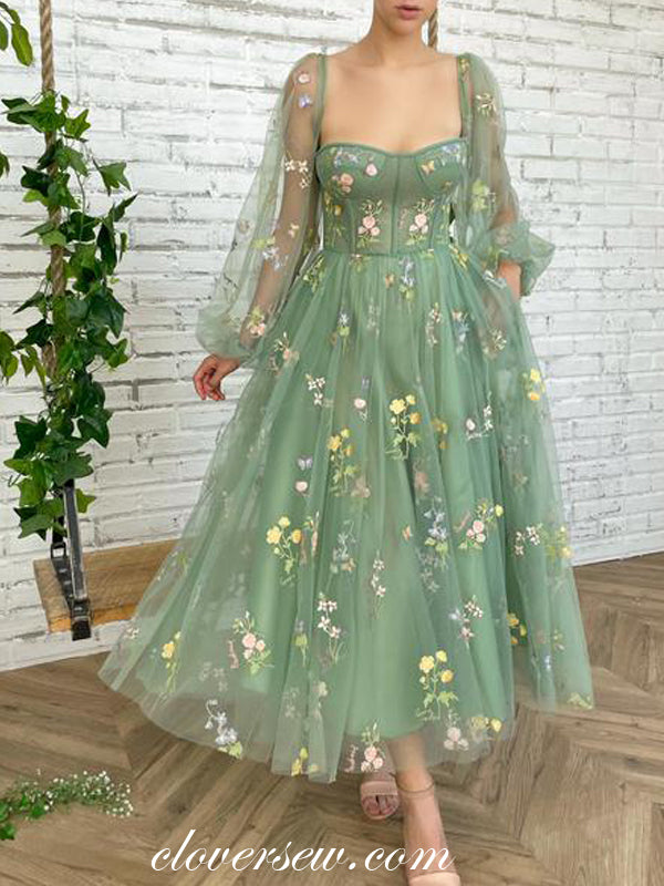 Floral Embroidery Tulle Long Sleeves Green Tulle Ankle Length Party Dresses, CP0732