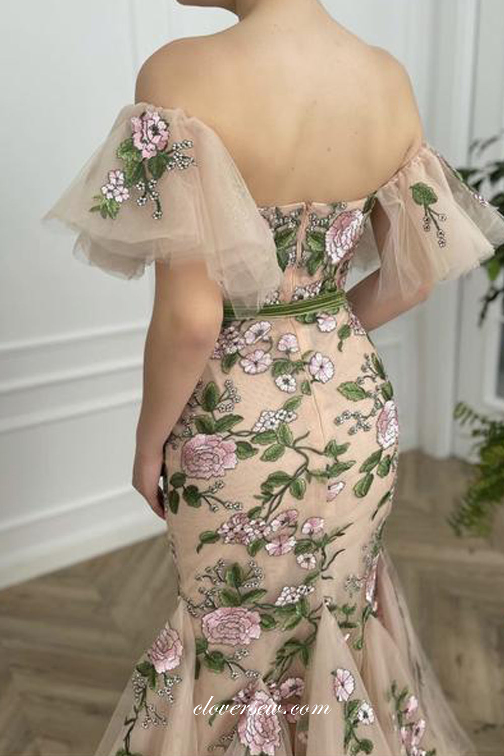 Floral Embroidery Tulle Nude Off The Shoulder Mermaid Prom Dresses, CP0770