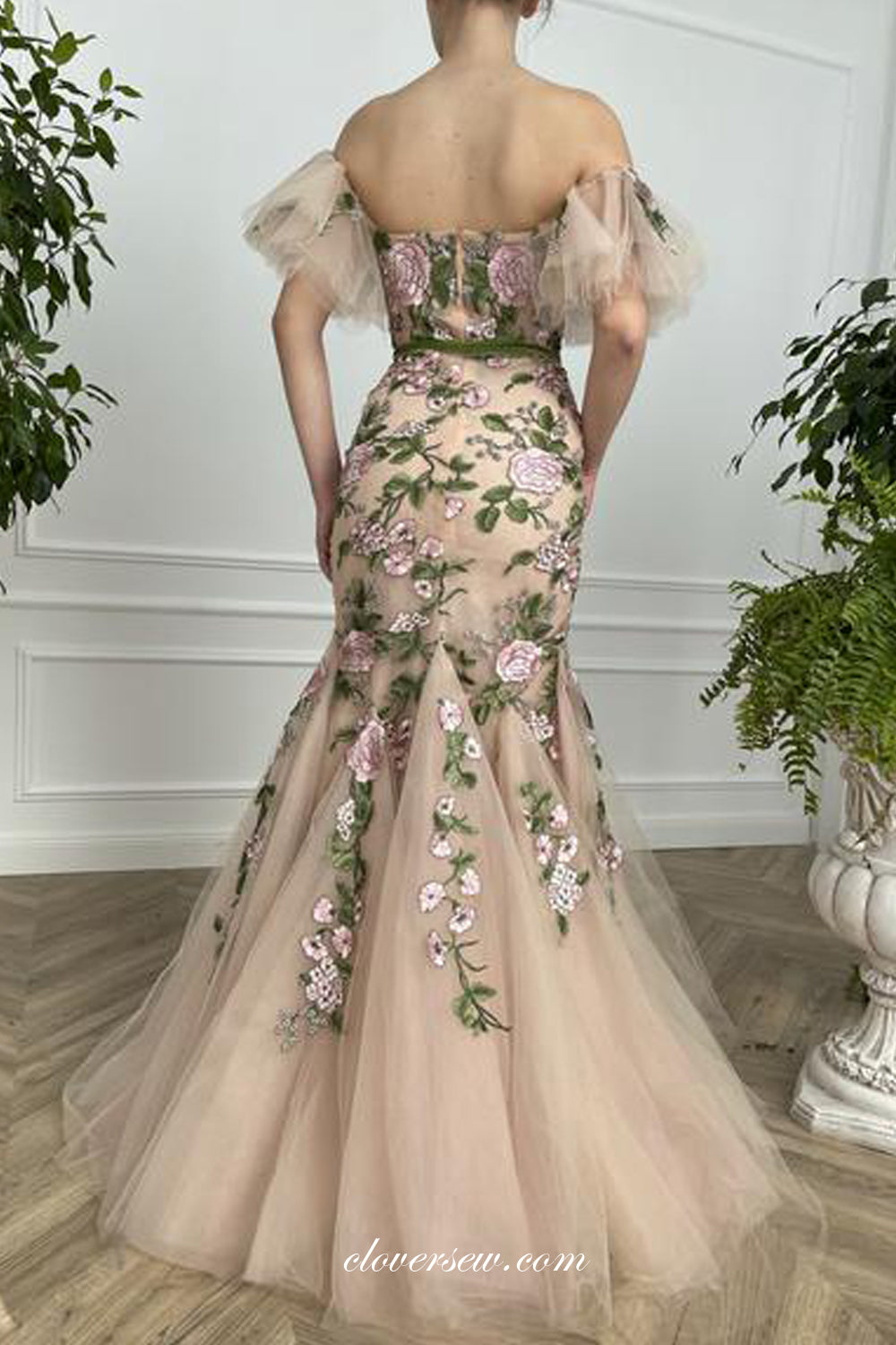 Floral Embroidery Tulle Nude Off The Shoulder Mermaid Prom Dresses, CP clover sew Floral Embroidery Tulle Nude Off The Shoulder Mermaid Prom Dresses, CP clover sew
