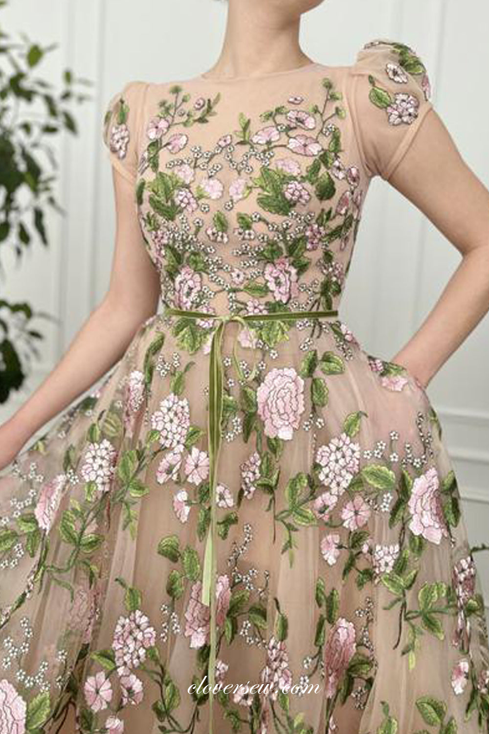 Floral Embroidery Tulle Nude Short Sleeves A-line Prom Dresses, CP0769