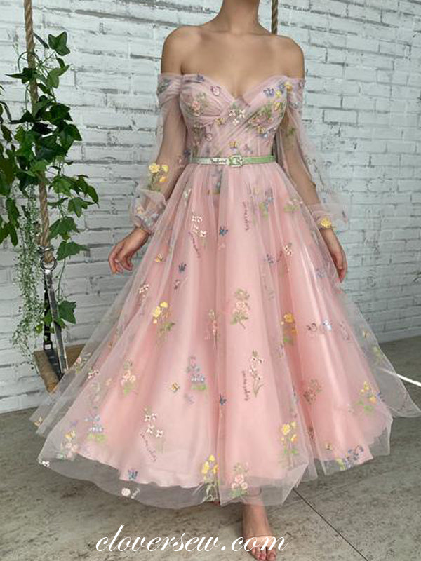 Floral Embroidery Tulle Off The Shoulder Long Sleeves Pink Ankle Length Party Dresses, CP0734