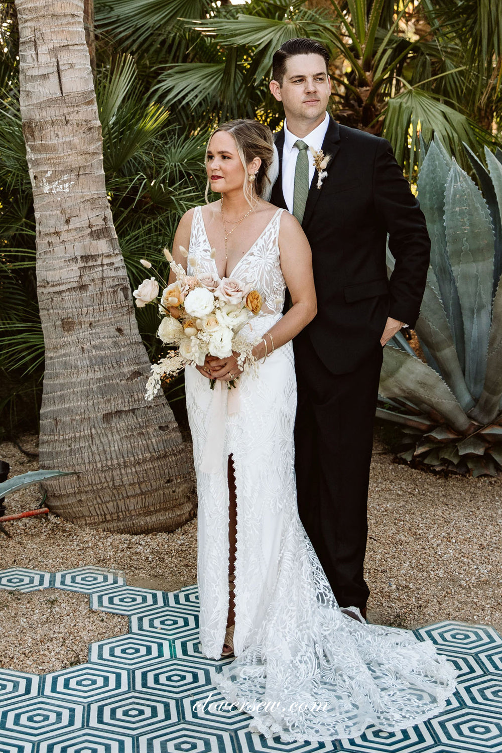 Floral Lace V-neck Sheath With Front Slit Sweep Train Wedding Dresses, CW0338 Floral Lace V-neck Sheath With Front Slit Sweep Train Wedding Dresses, CW0338