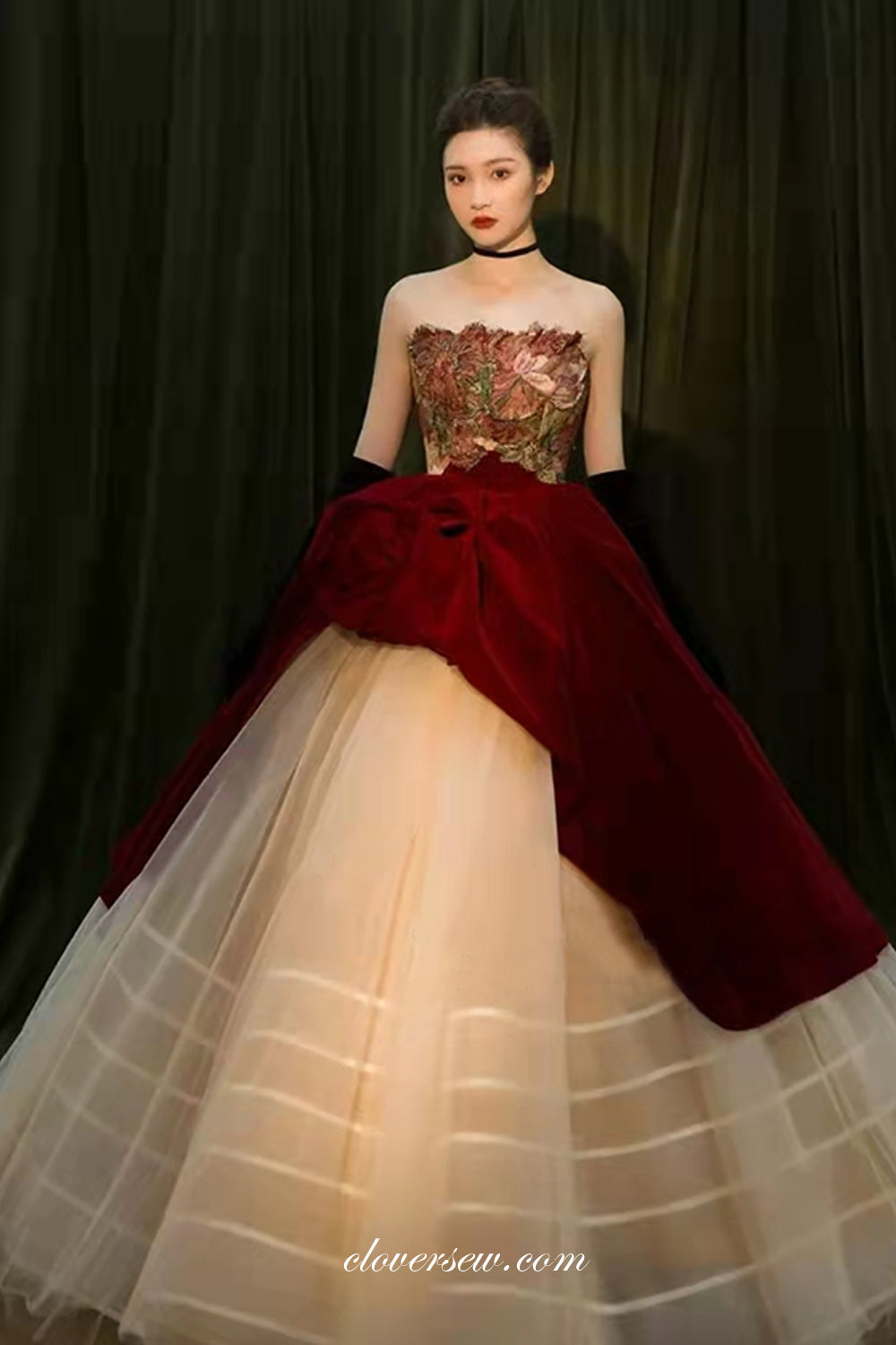 Floral Printed Satin Burgundy Ivory Ball Gown Strapless Princess Dresses, CP0793 US14 / Custom Color(Leaving A note) Floral Printed Satin Burgundy Ivory Ball Gown Strapless Princess Dresses, CP0793 US14 / Custom Color(Leaving A note)