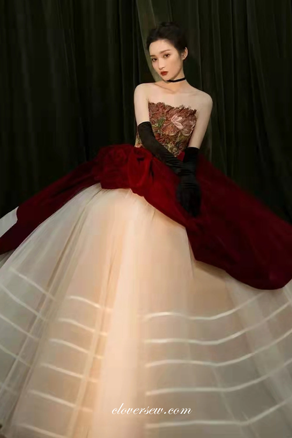Floral Printed Satin Burgundy Ivory Ball Gown Strapless Princess Dresses, CP0793
