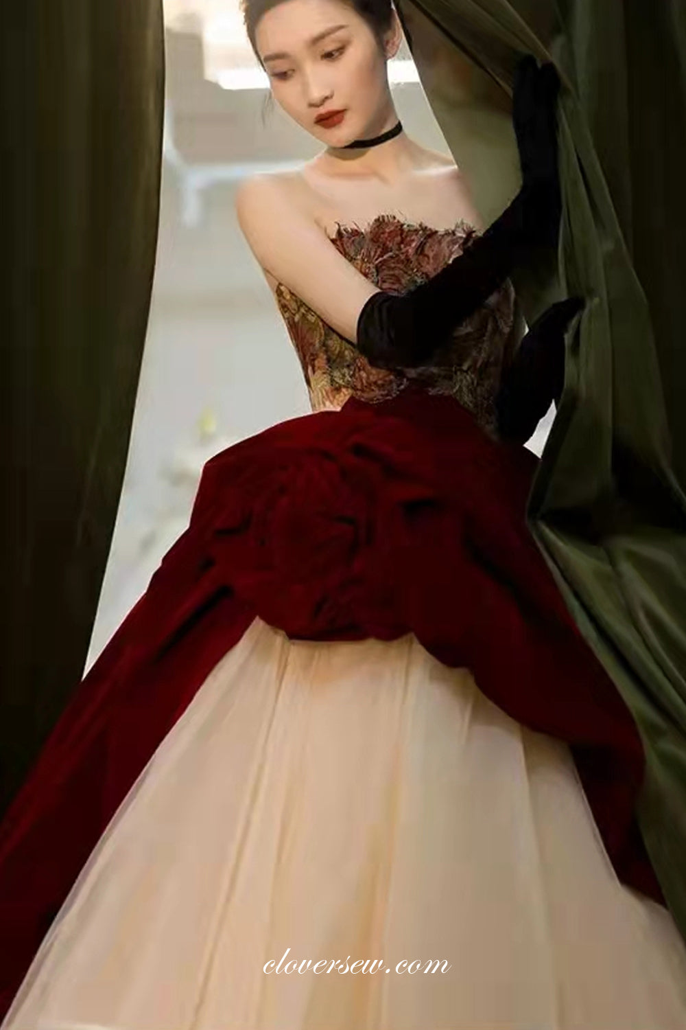 Floral Printed Satin Burgundy Ivory Ball Gown Strapless Princess Dress clover sew Floral Printed Satin Burgundy Ivory Ball Gown Strapless Princess Dress clover sew