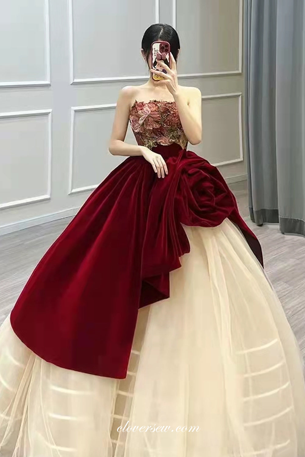 Floral Printed Satin Burgundy Ivory Ball Gown Strapless Princess Dress clover sew Floral Printed Satin Burgundy Ivory Ball Gown Strapless Princess Dress clover sew