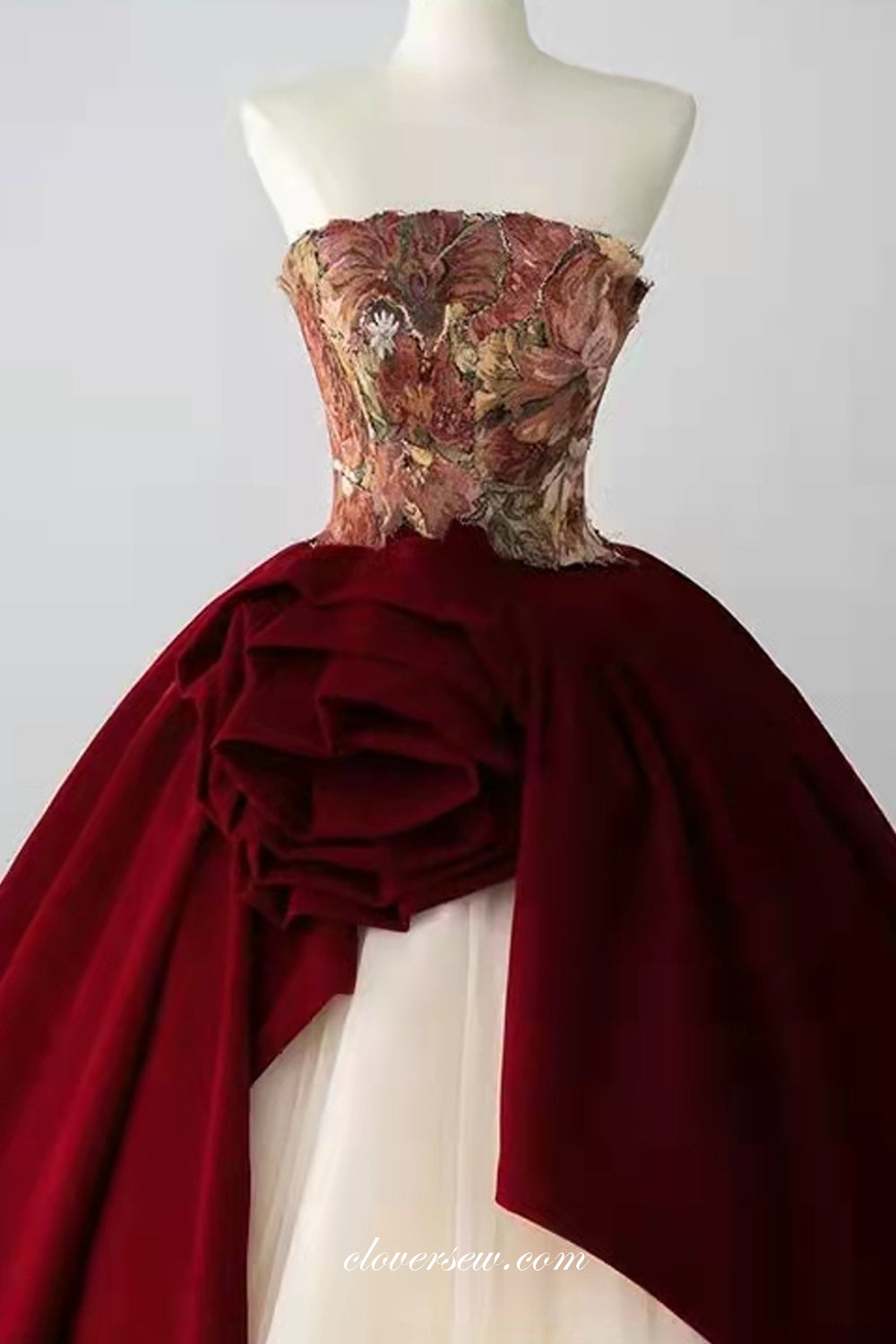 Floral Printed Satin Burgundy Ivory Ball Gown Strapless Princess Dresses, CP0793 Floral Printed Satin Burgundy Ivory Ball Gown Strapless Princess Dresses, CP0793
